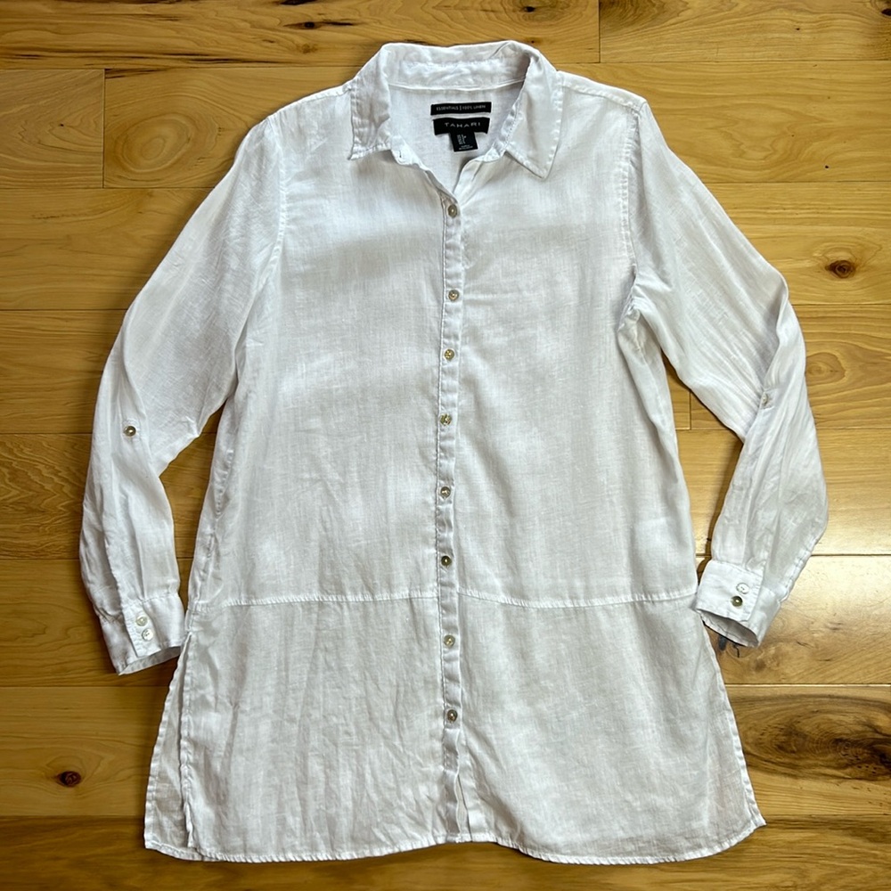 Tahari Essential 100% Linen White Long Sleeve Top | Size Small